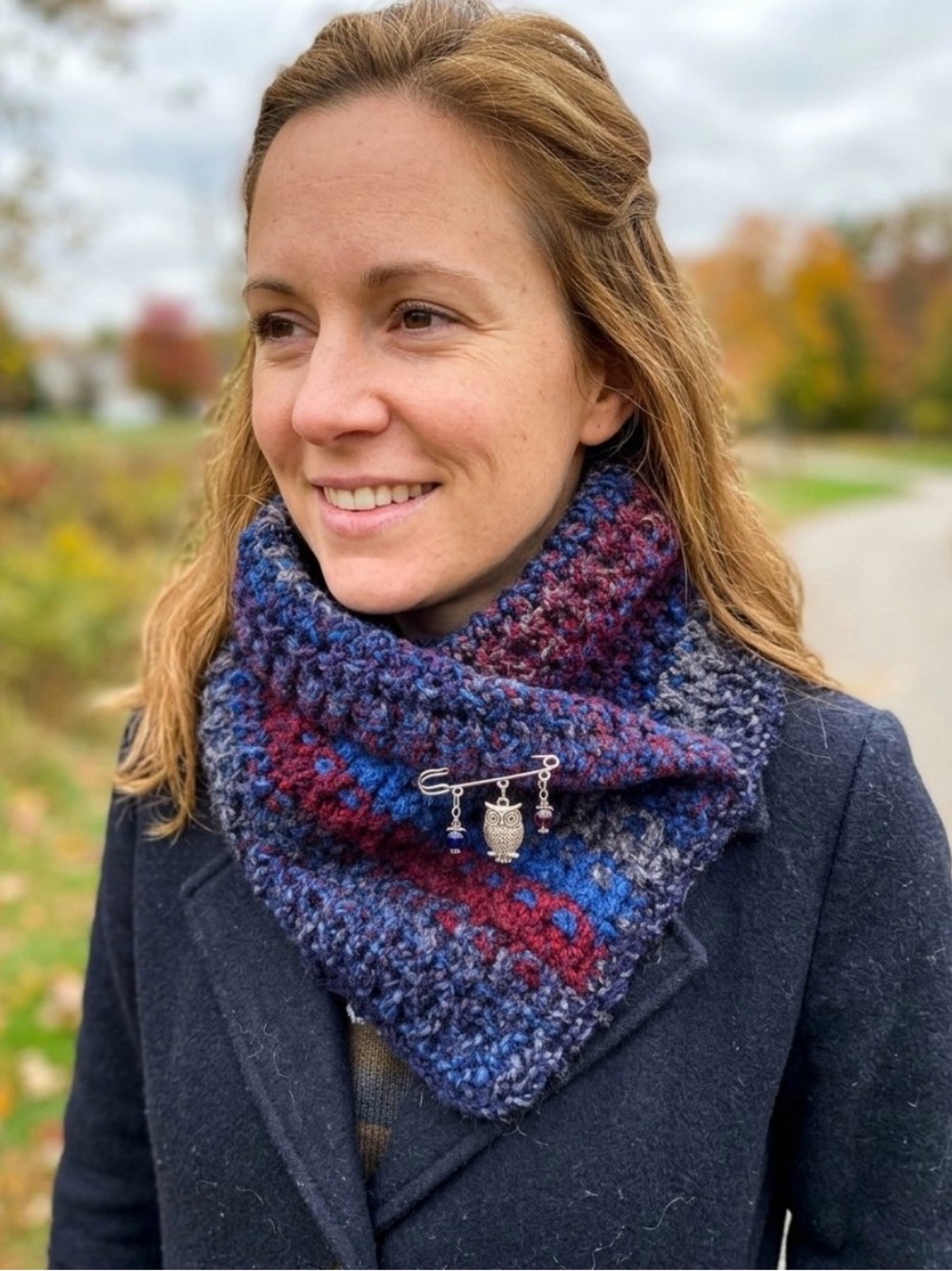 Hand Crafted Multicolor Crocheted Cowl with Owl Charm NWT